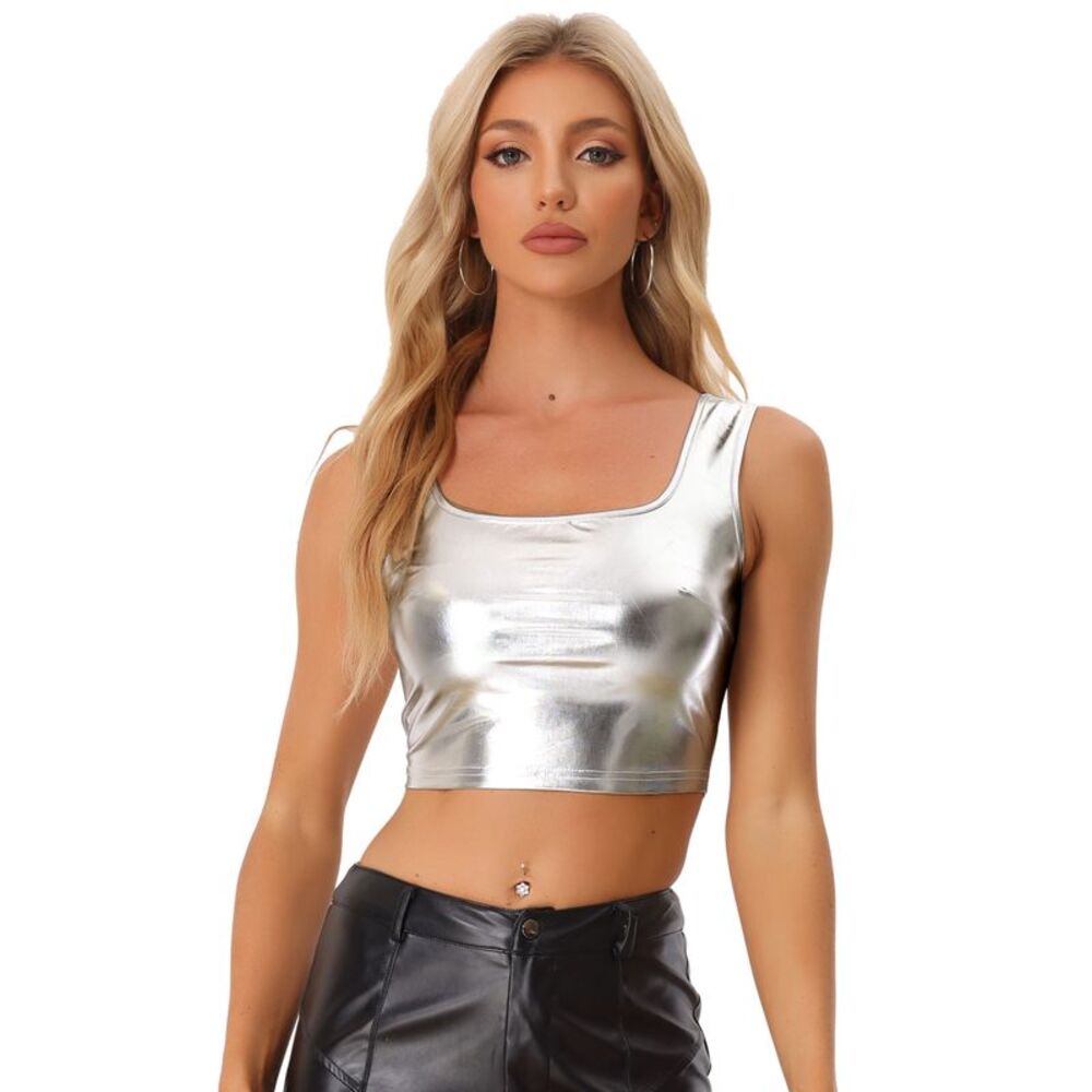 U Neck Sleeveless Party Clubwear Holographic Shiny Metallic Crop Top Silver